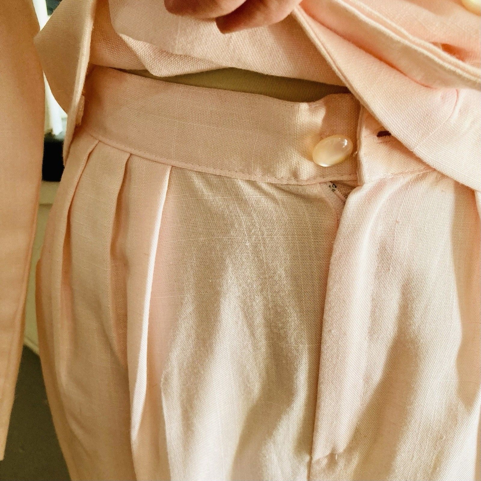 1980s Linen-look Petal Pink Lace-trimmed Pantsuit For Work Church Or Tea Parties