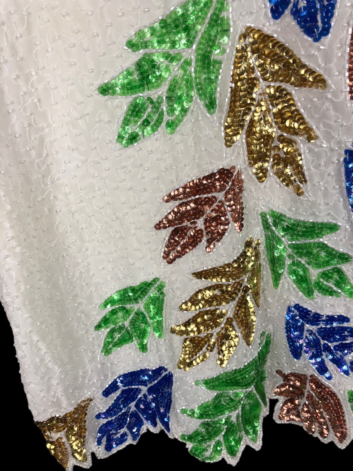 Beaded Top Size XL / 1X Vintage Evening Wear Shirt Blouse White Blue Copper Leaf