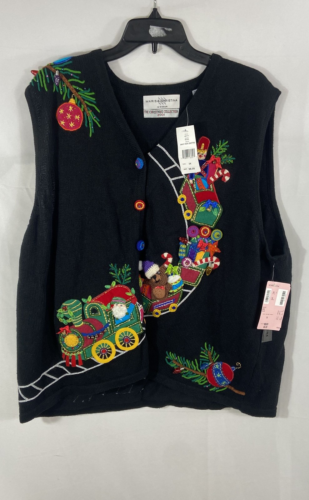 Vintage Y2K Marisa Christina Women&rsquo;s Black Christmas Train Sweater Vest NWT 3X