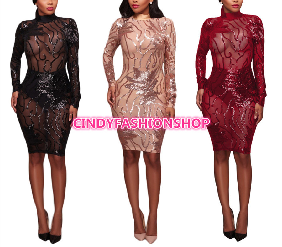 USA Women See Thu Sequin Long Sleeve back Open Elegant Turtleneck Bandage dress