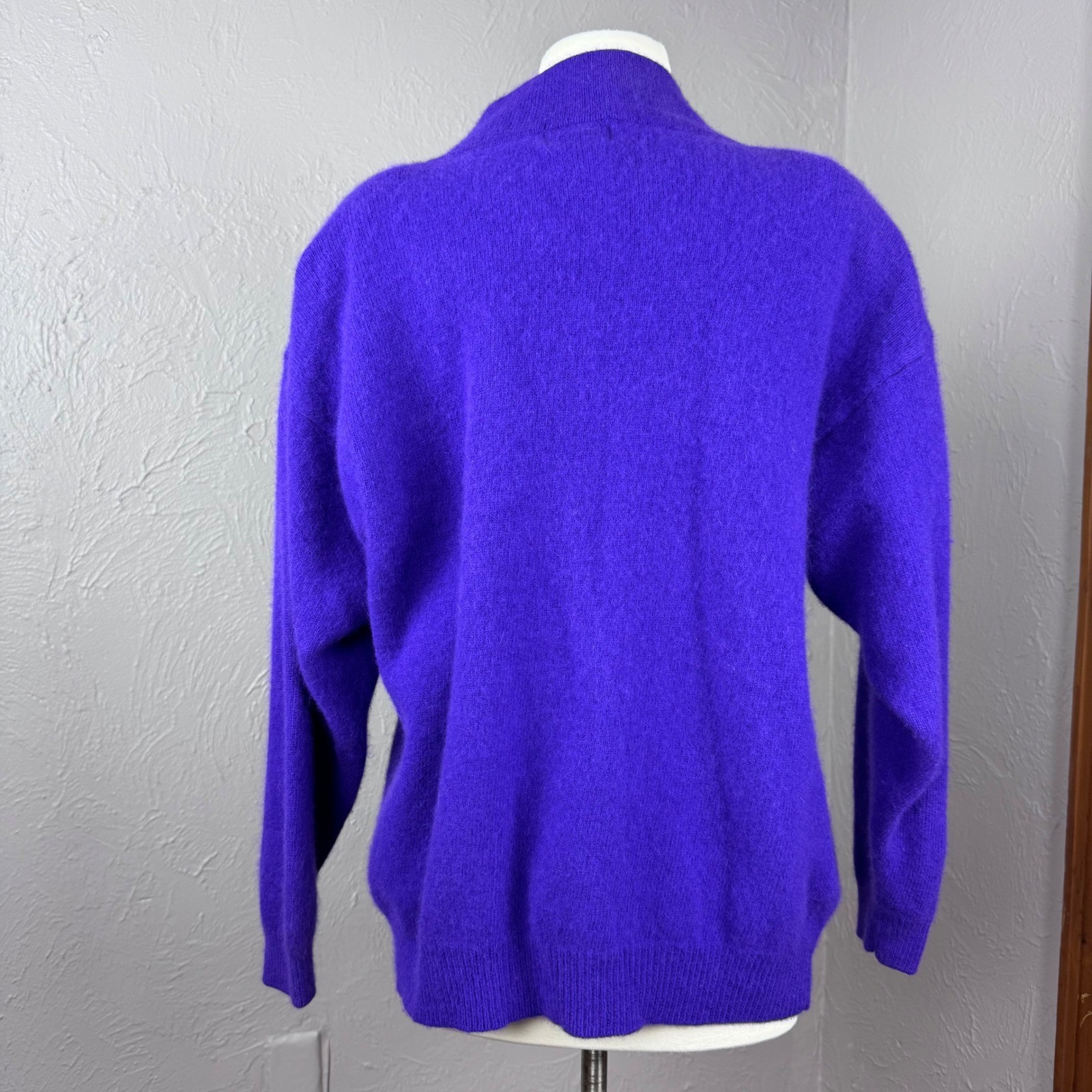 Vintage 80s purple angora lambswool sweater asymmetrical button neck large or XL