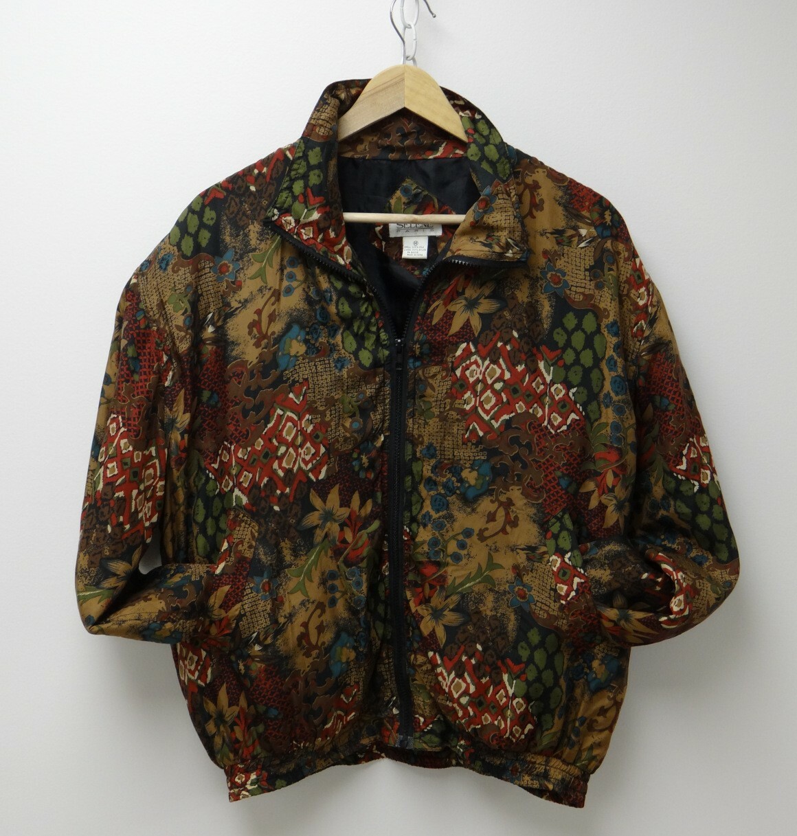 80s Silk Bomber Style Wind Breaker Printed Patchwork Pattern Sz Medium 100% Silk