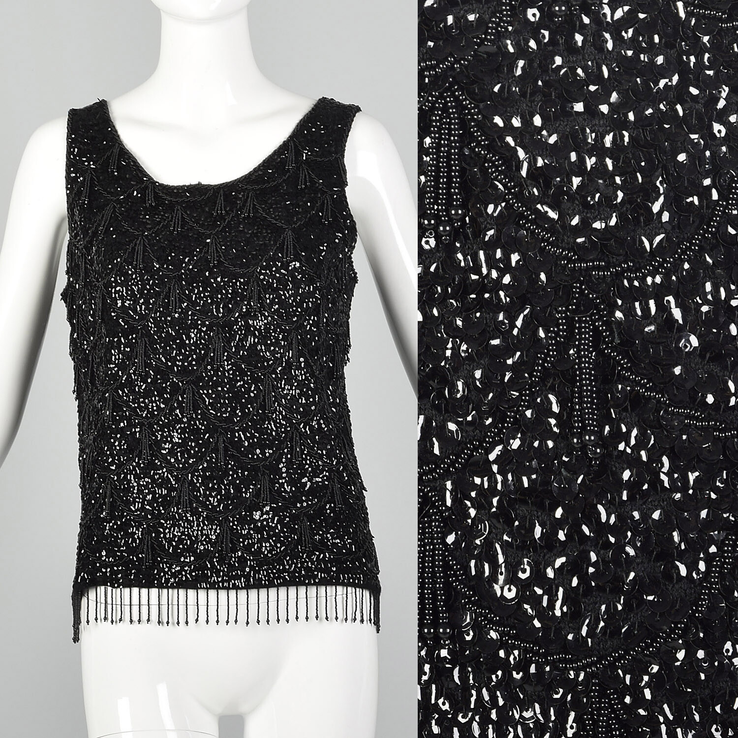 Medium 1960s Sleeveless Black Beaded Blouse 60s Knit Tank Vintage Sequin Top VTG