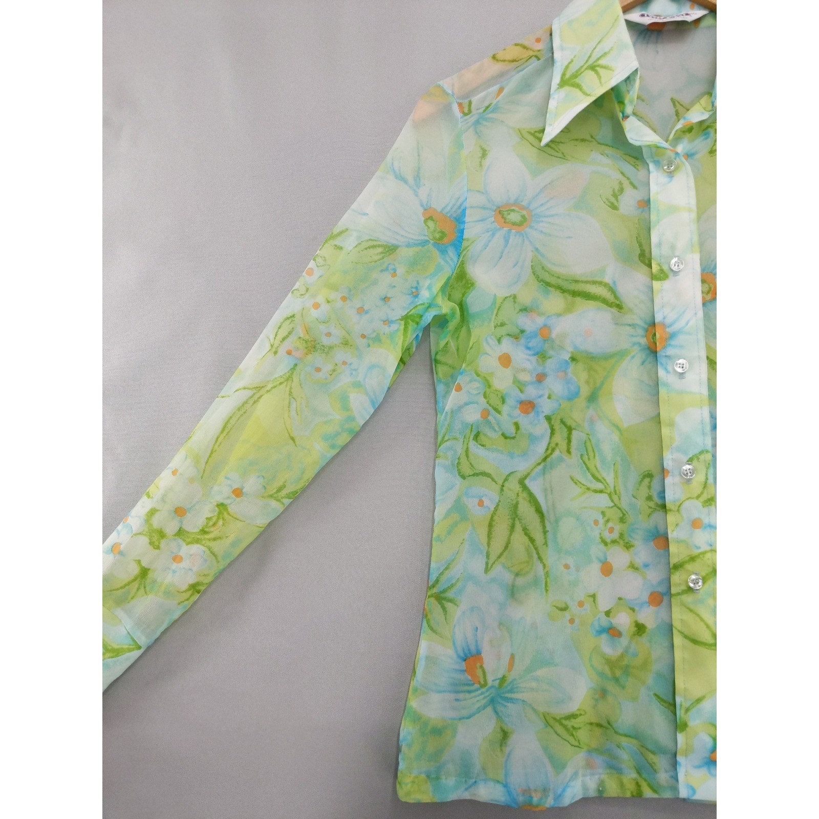 Vintage 70s Two East Button Down Blouse Womens 11/12 Green Blue Floral Sheer