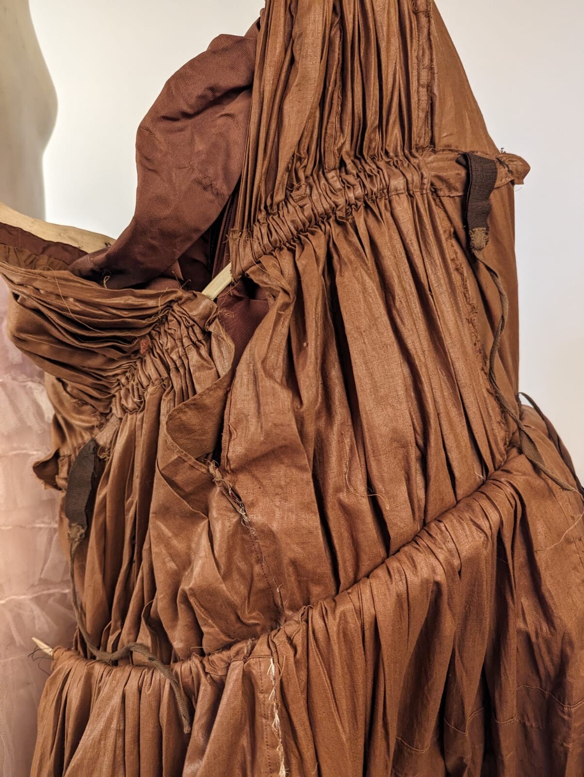 VICTORIAN 1880’S SILK BUSTLE DRESS W VELVET STRIPING + LABEL + BUILT IN BUSTLE