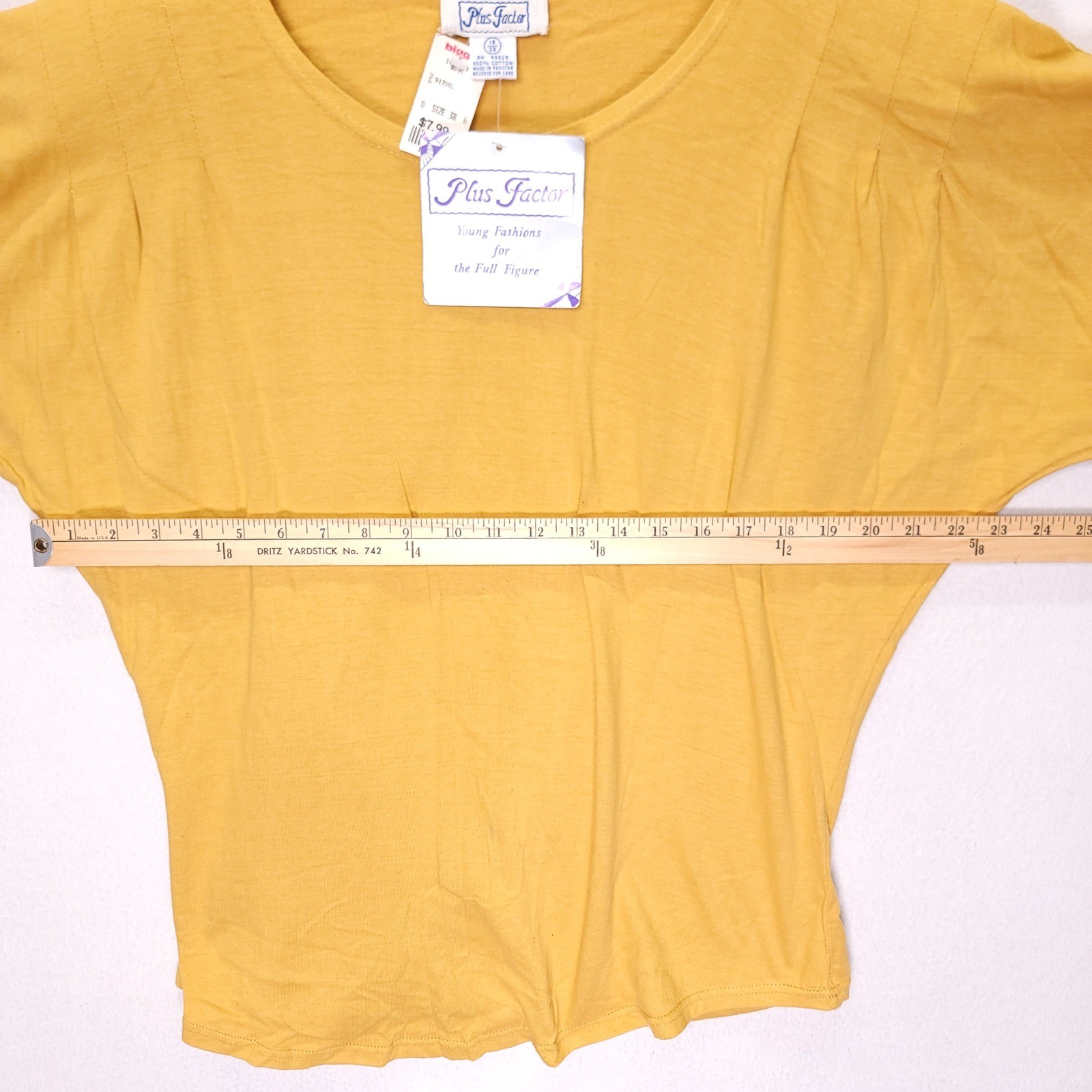 Vintage Plus Factor Mustard Yellow Dolman Sleeve Cotton Top Shoulder Pads NWT 38