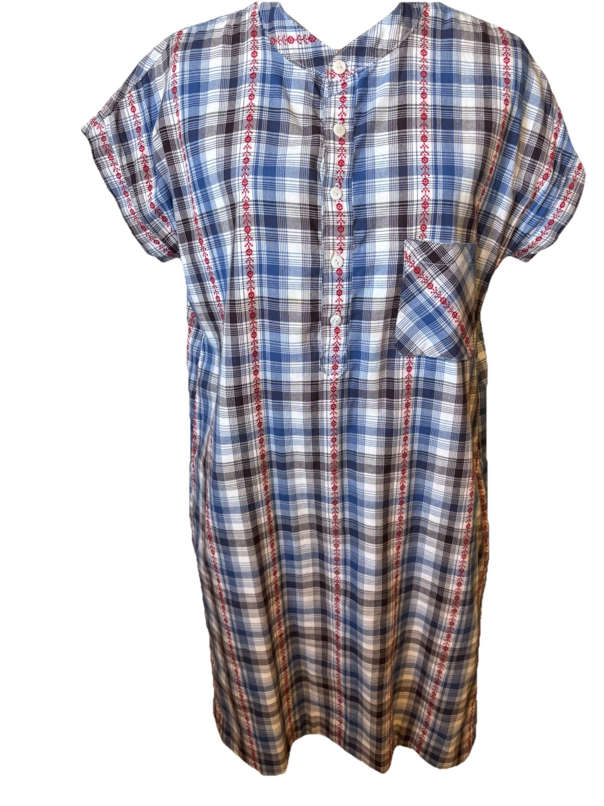 VTG Handmade Plaid Cross Stitch Embroidered Shift Dress House Dress Size MED