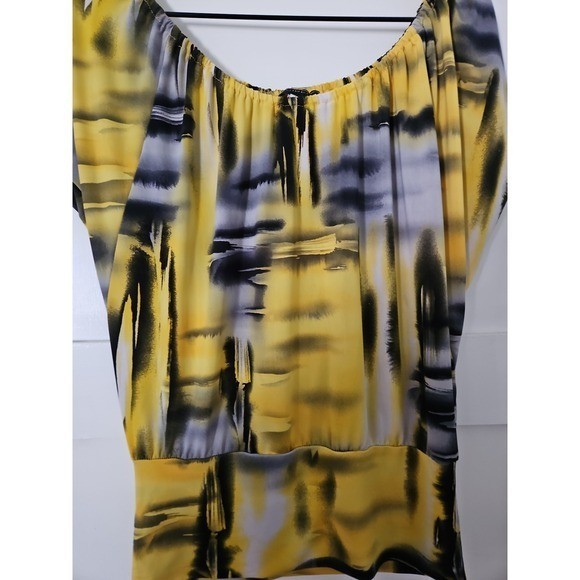Vintage Y2K Abstract Print Blouse Medium Yellow & Grey Retro Dolman Sleeve