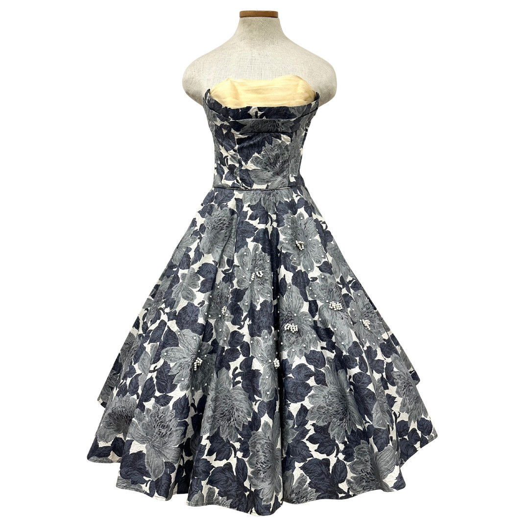 Vintage 1950s Fred Perlberg Grey Floral Beaded Rhinestoned Dress & Shawl