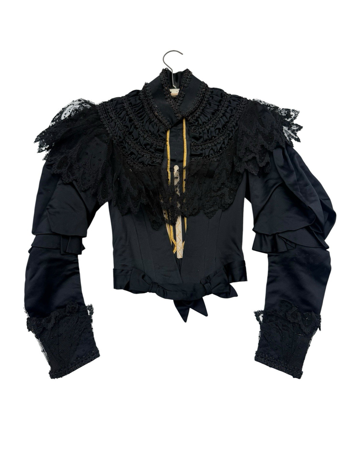 Antique 1890s Victorian Mourning Bodice Jet Black Beaded Boned Lace Top Jacket