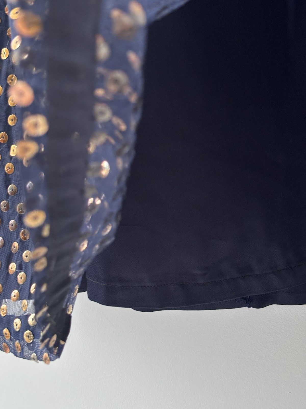 70s Joan Leslie by Kasper Sequin Party Dress Navy Gold Sheer Sleeve VTG