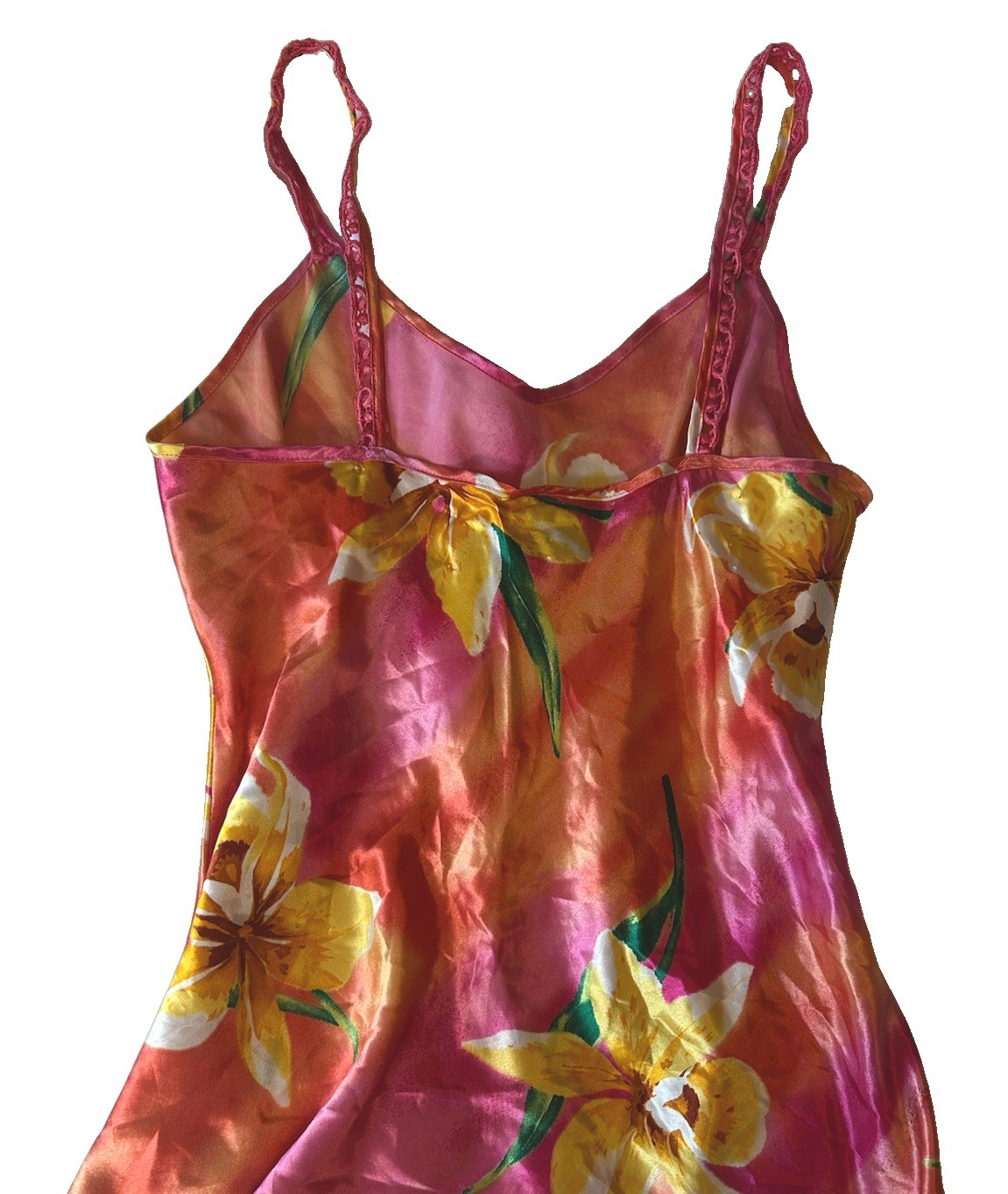 Vintage slip dress vibrant pink and orange floral print on silky satin fabric.