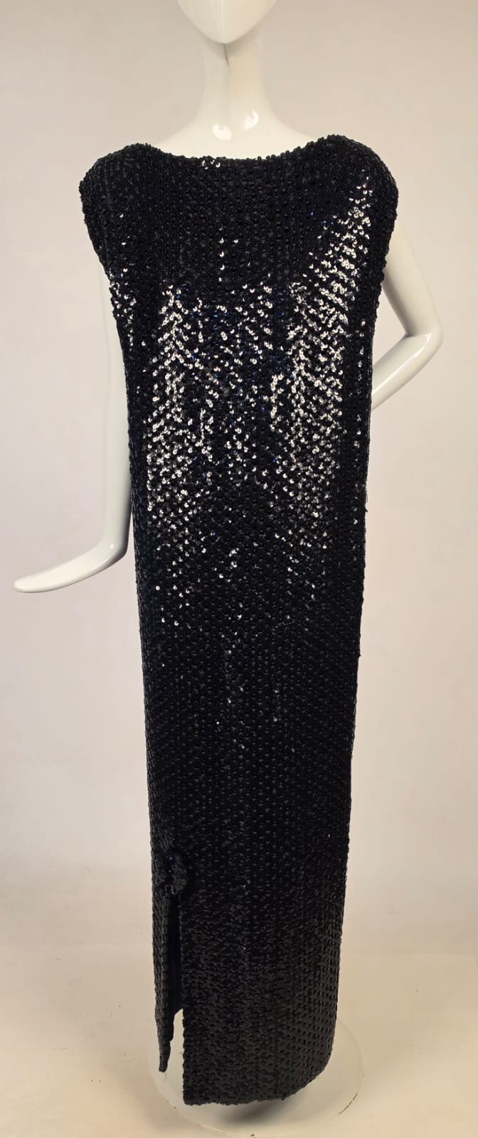 VINTAGE 1970’S LIQUID BLACK SEQUIN COLUMN GOWN DRESS W SAKS FIFTH AVE LABEL