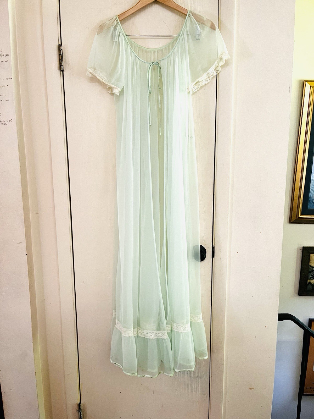 VTG 60s Mint Green Chiffon Ethereal Coquette Bridal Peignor Fairycore Maxi Gown