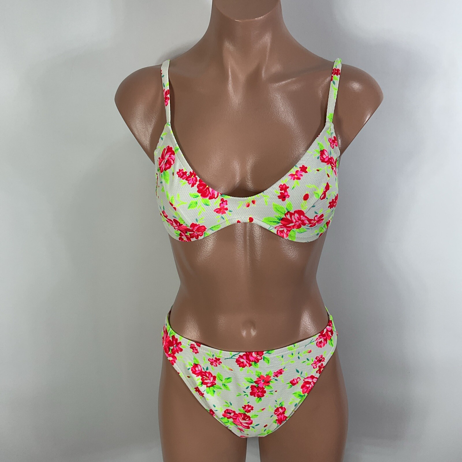 Vintage 90s 80s Floral Rose Bikini Swimsuit Sexy 7/8 Underwire High Cut NWOT USA