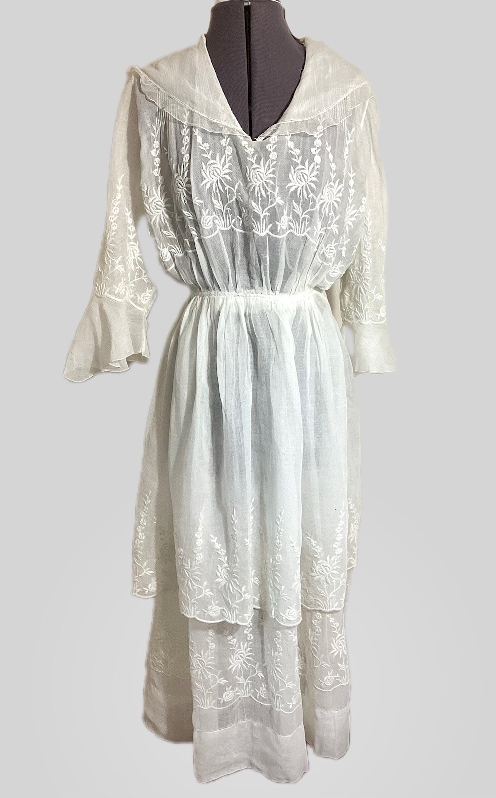 Edwardian 1910s Cotton Gauze Tea Gown Tiered Summer Dress Embroidery Mesh Ruffle