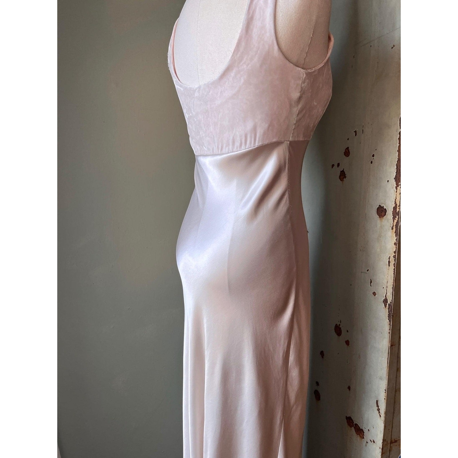 Vintage 90s Champagne Satin Slip Dress | Velvet Bust | Bridalcore gown | XS