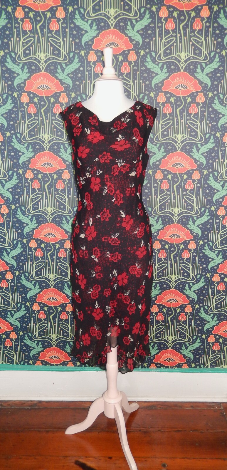 Vintage 90&rsquo;s Y2K Red Black Cowl Neck Whimsigoth Grunge Asymmetrical Slip Dress