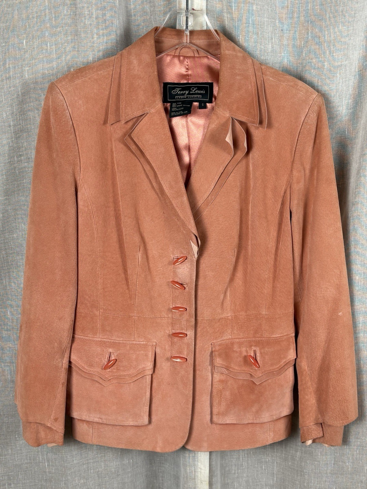 Vintage Terry Lewis Peach Suede Jacket Lucite Buttons Double Cuffs Boho Hippie S