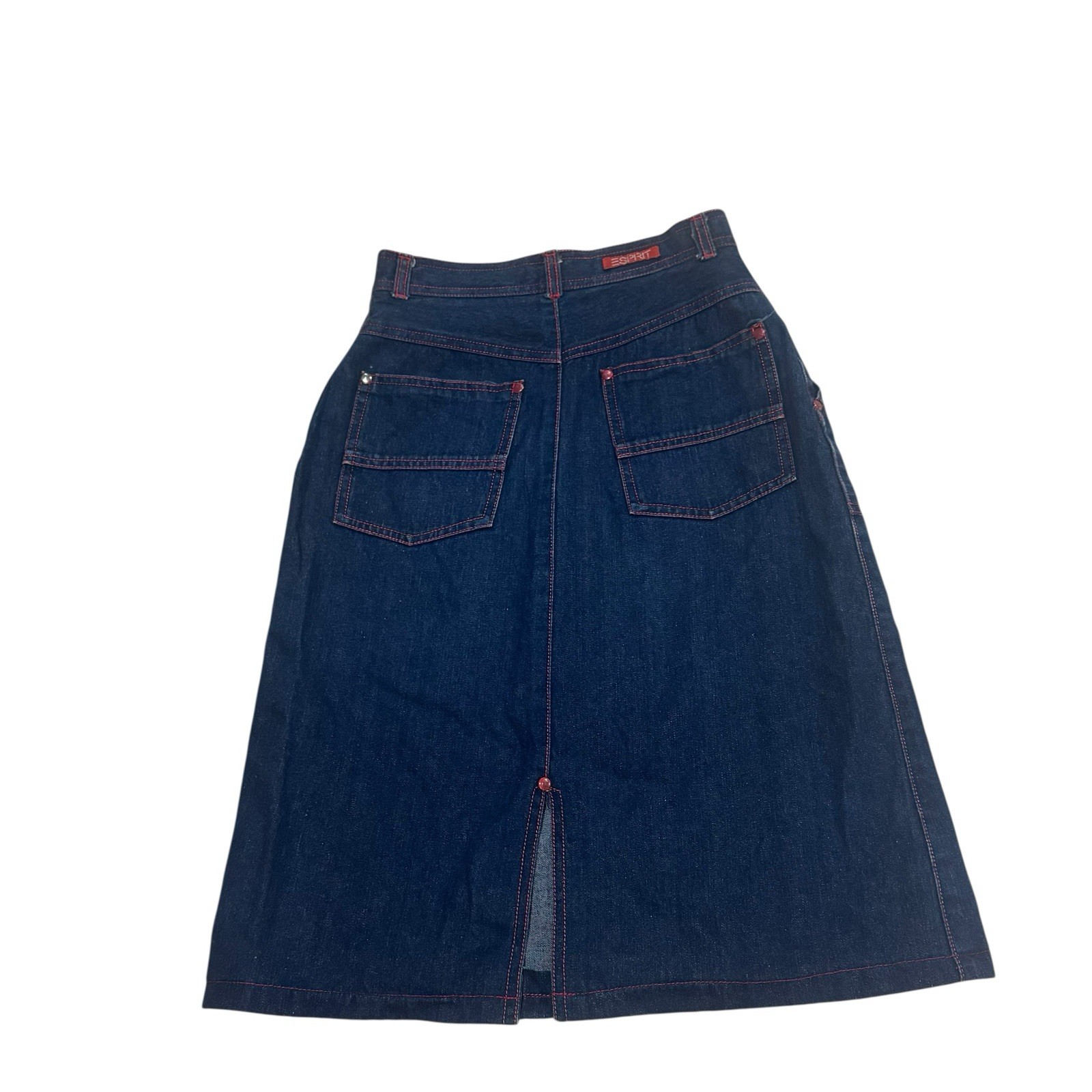 Vtg 80s 90s Esprit Denim Jean Skirt Red Stitching Hong Kong XS S 25.5” Waist