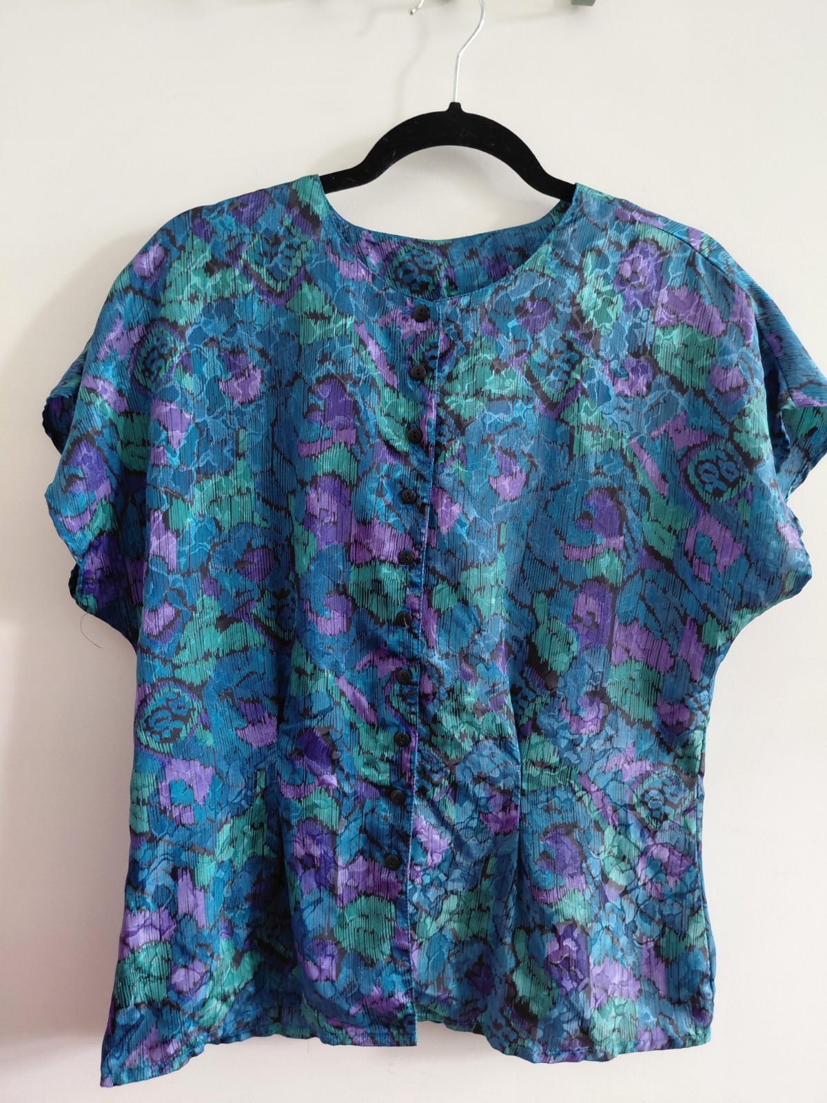 Vintage Women&rsquo;s Blouse, Blue Purple and Green Abstract, missing size