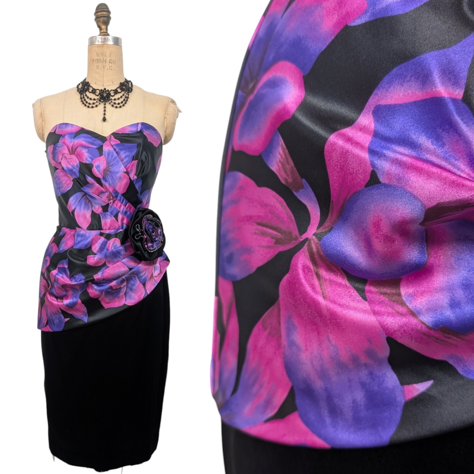 Vtg 80s Prom Dress S Corset Strapless Floral Cocktail Gown 50s BB Collections