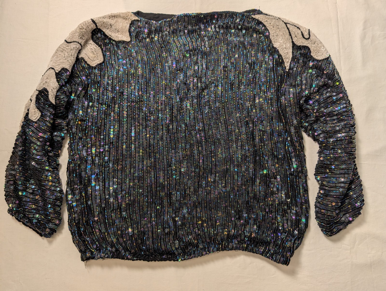Vintage Hand Beaded Sequin 100% Silk Floral Judith Ann Creations Blouse Skirt L