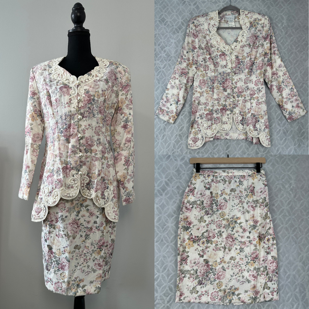 Vtg 80s Scott McClintock Skirt Suit Set 8 Floral Brocade Blazer Jacket Lace USA