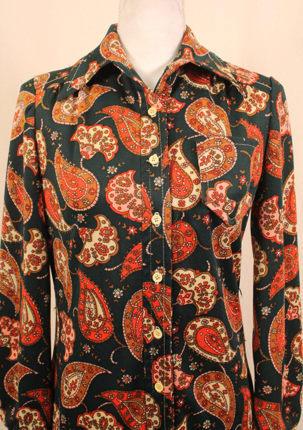 VTG Women&rsquo;s 60s 70s Forest Green & Orange Paisley Shirt Dress S/M 1960s 1970s