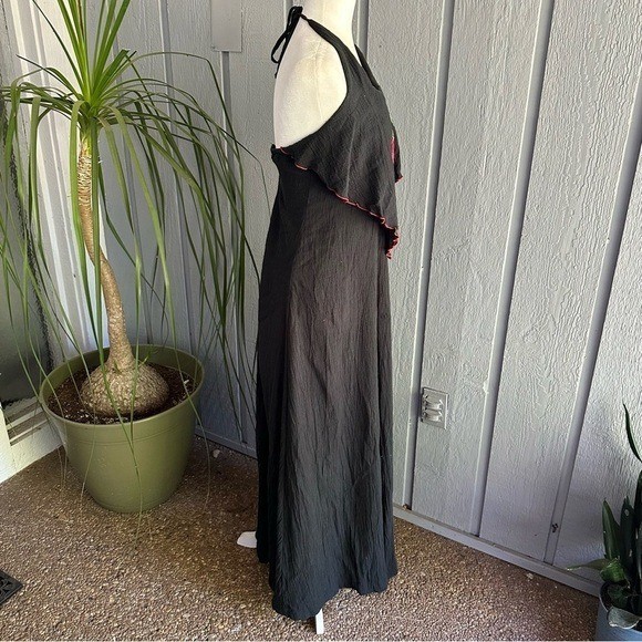 Vintage Young Edwardian Arpeja Black Dress Halter Straps Maxi Rose Gypsy Boho