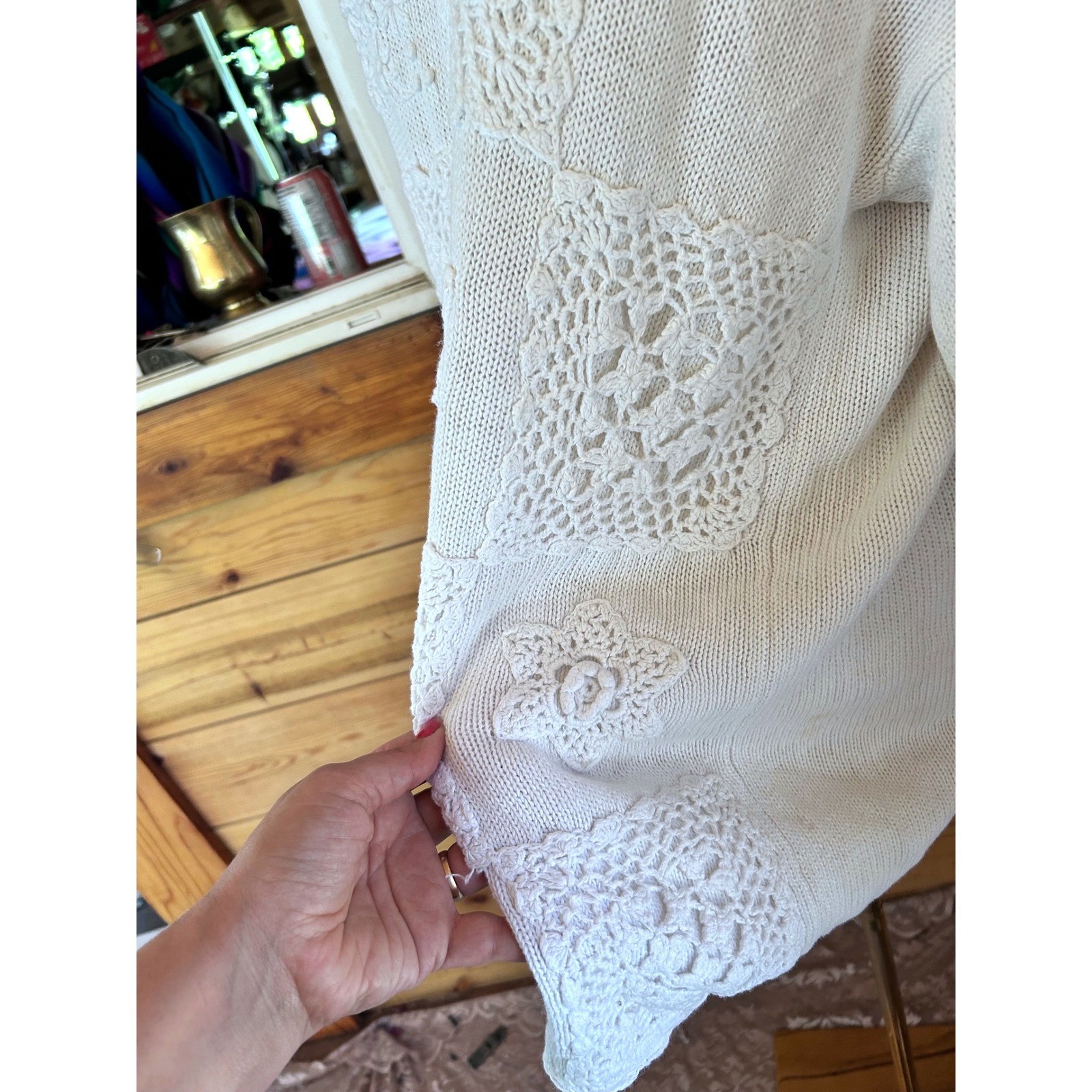 Vintage White Crochet Lace Patchwork Knit Sweater Womens Large Ramie Cotton 90&rsquo;s