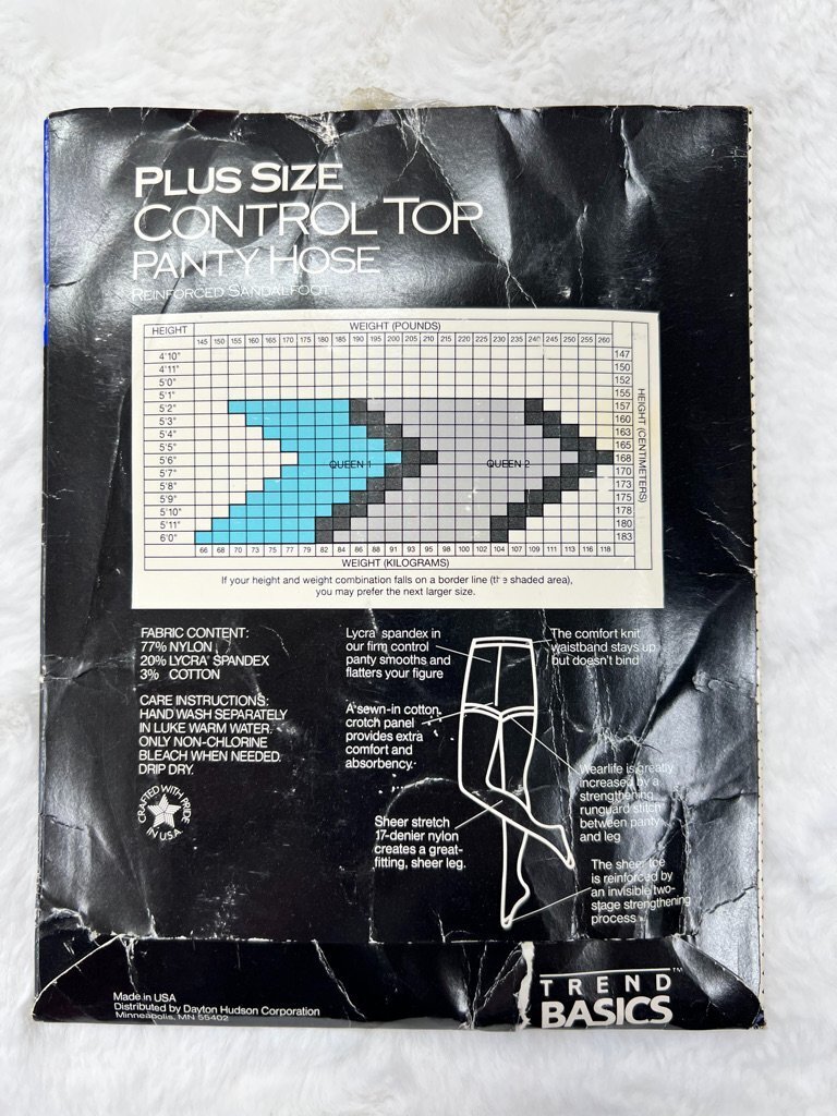 Vintage Plus Size Control Top Pantyhose Queen Black Trend Basics USA Union Label