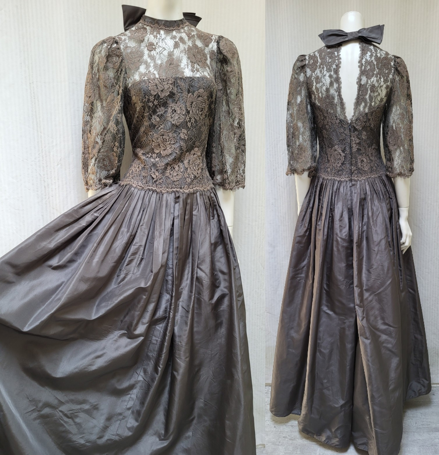 Vintage Nina Ricci Haute Boutique Gray Silk Taffeta & Lace Ball Gown Dress – XS