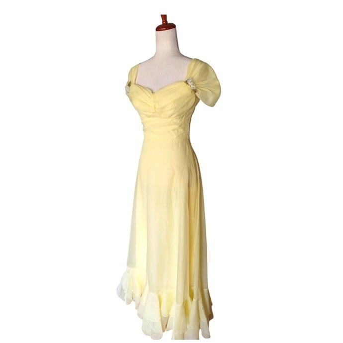 Vintage 70sButter Yellow Chiffon Sweetheart Ruffle Hem Prom Dress Size 7/8