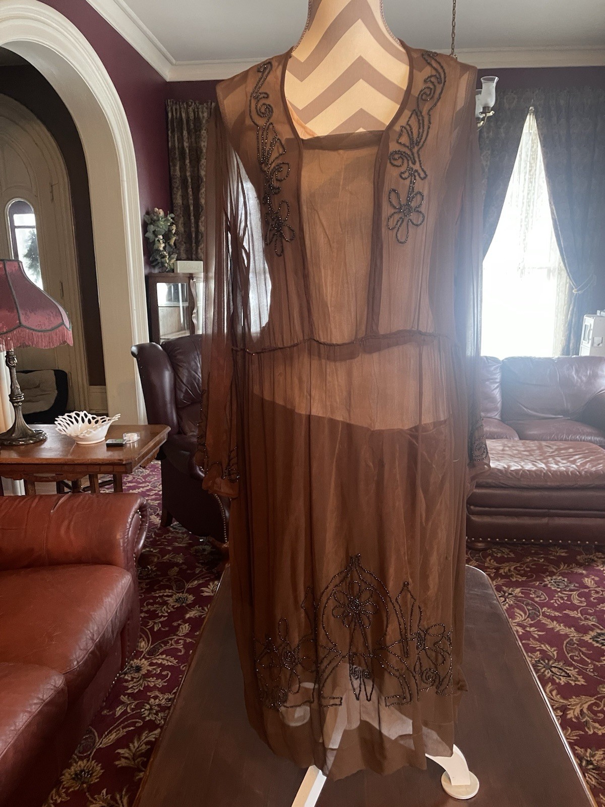 Antique 1920s Brown Chiffon Crepe Flapper Dress Art Deco Black Beading