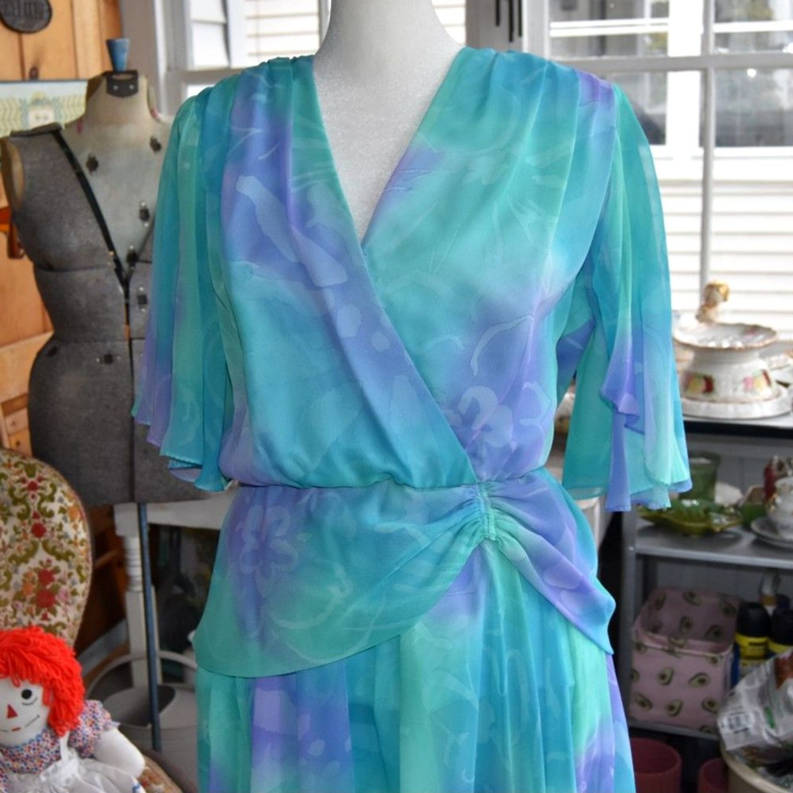 Vintage 70s 80s Aqua Lavender Chiffon Wrap Formal Gown Dress Size 14