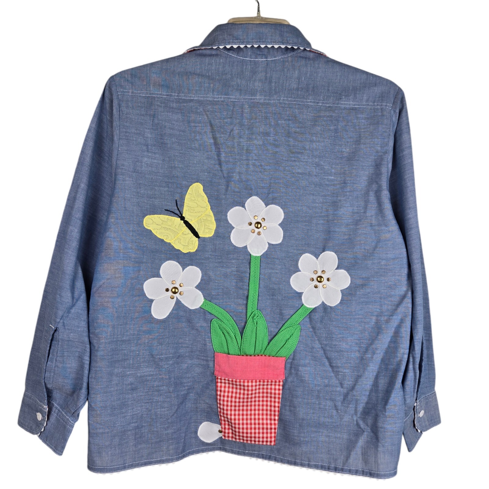 Vtg JC Penney Big Mac Blue Chambray Applique Flower Pot 2 Sided Button Blouse M
