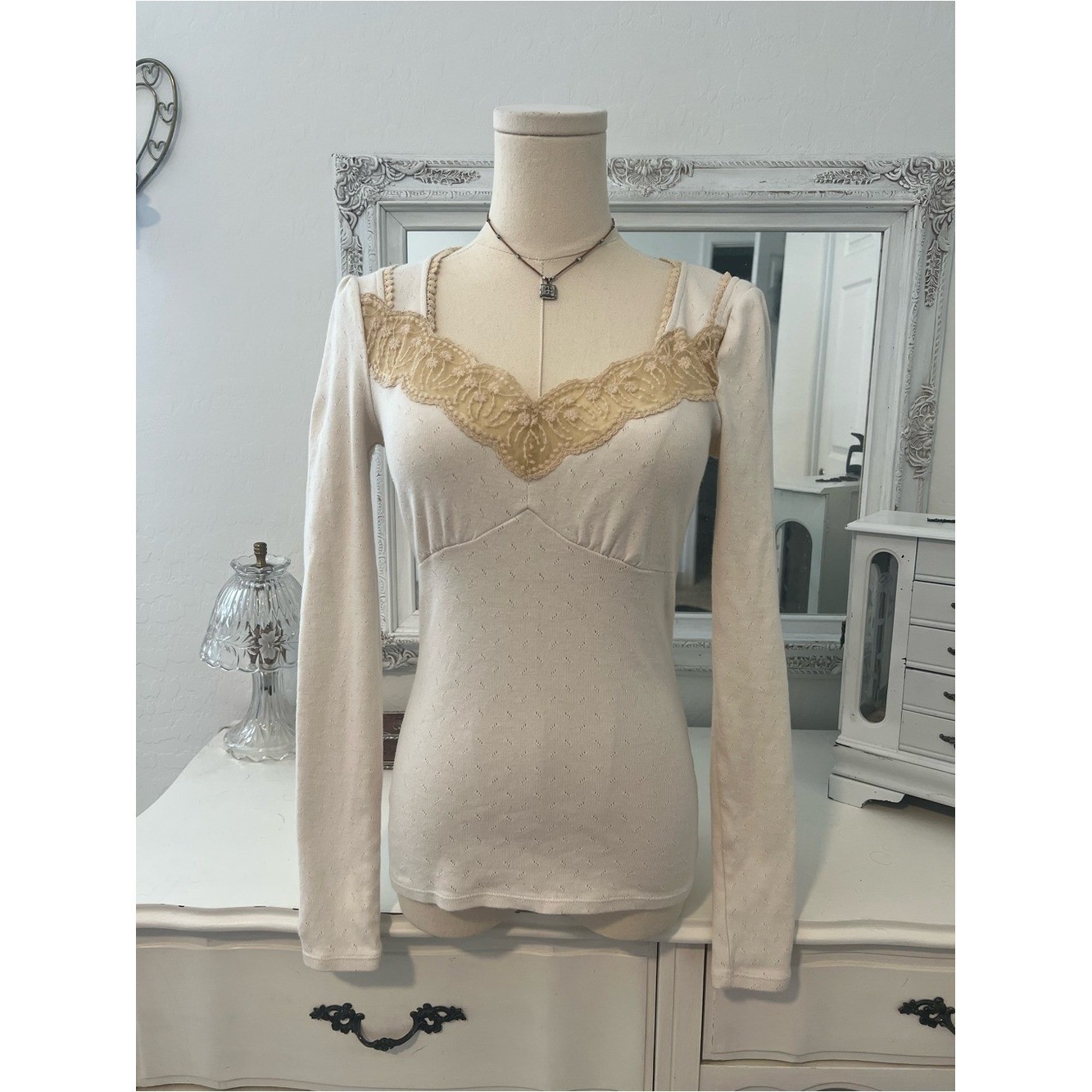 vintage cream lace fairy babydoll long sleeve fitted top