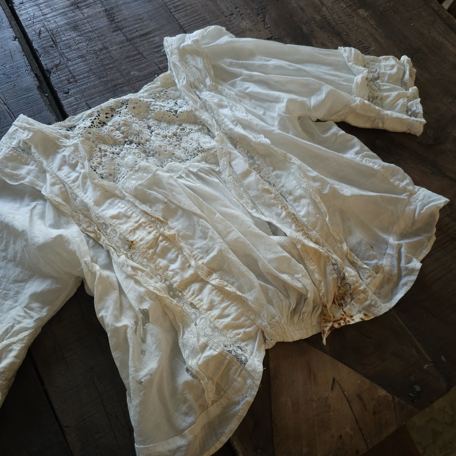 White Lace & Cotton Blouse w/ Floral Embroidery Antique 1910s Edwardian Shirt