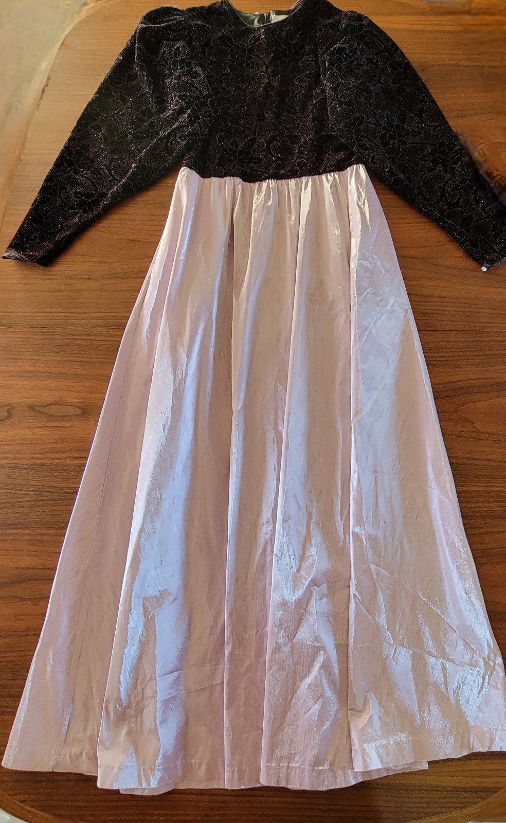 Vintage David Brown California Dress Gown Long Black Velvet Pink Shimmer Skirt P