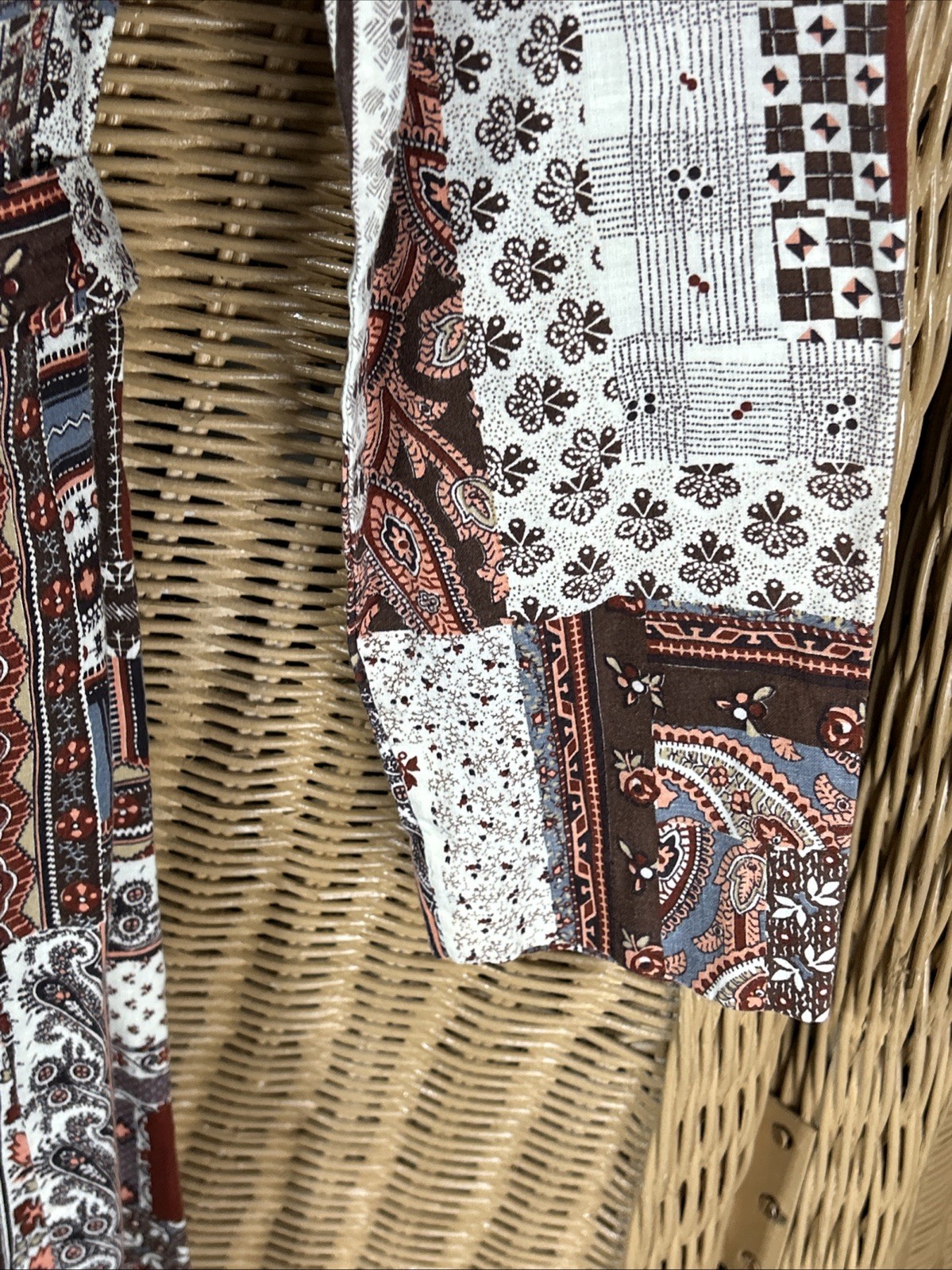 Vintage Patchwork Dress Prairie Removable Collar Homemade Brown Beige Blue