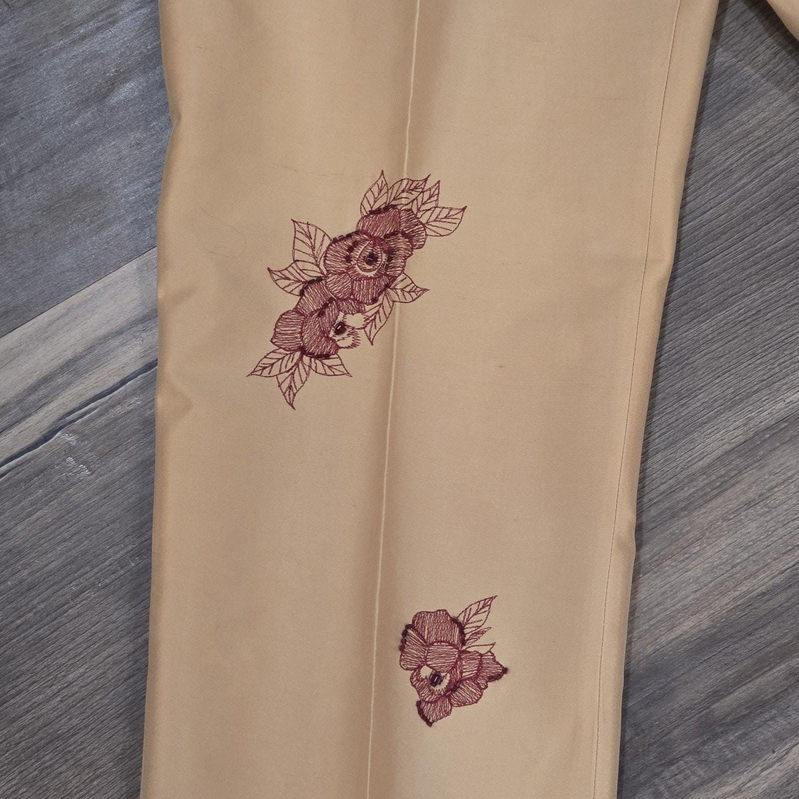 Maroon Red Tan Floral Beaded Embroidered Silky Vintage Pants Jade Melody Tam 10
