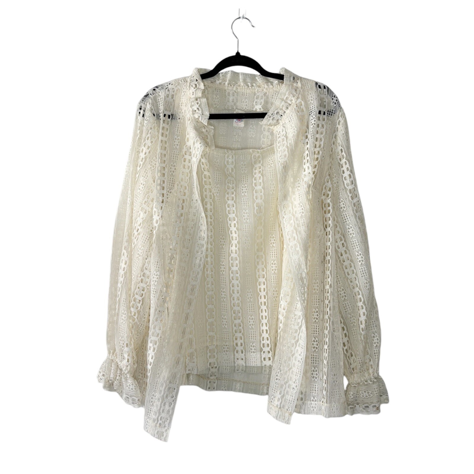 Vintage 70s Boho Romantic Prairiecore Cream Lace Tank and Cardigan Set XL/XXL