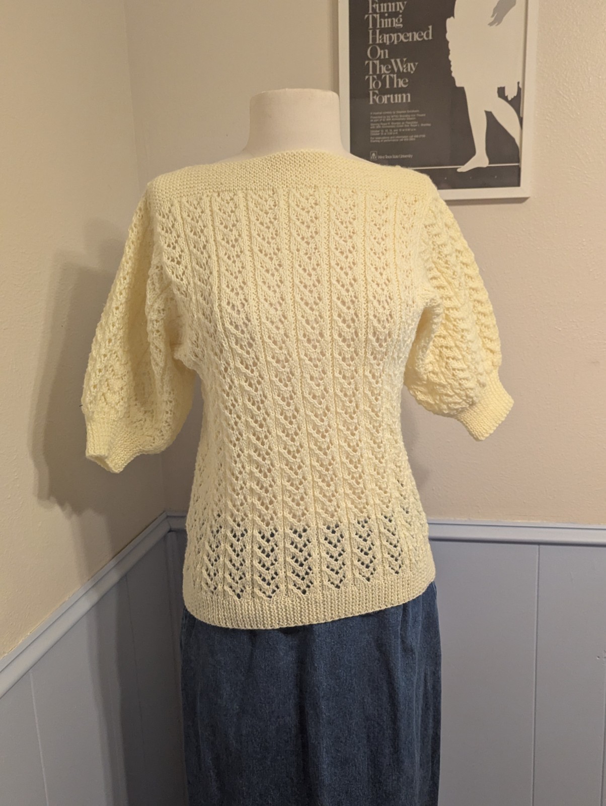 Medium OOAK Vintage Hand-Knit Butter Yellow Lace Knit Top