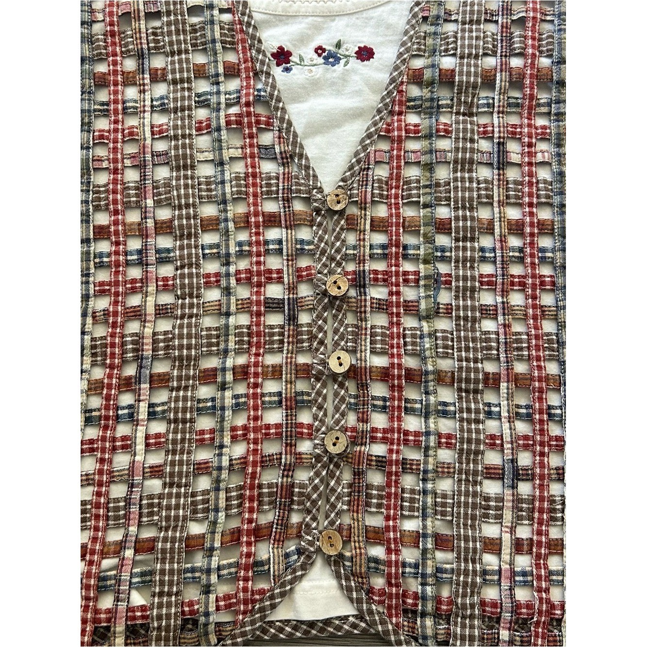 Vintage Cottagecore Quilted Plaid Button Front Vest in Cream, Brown & Red