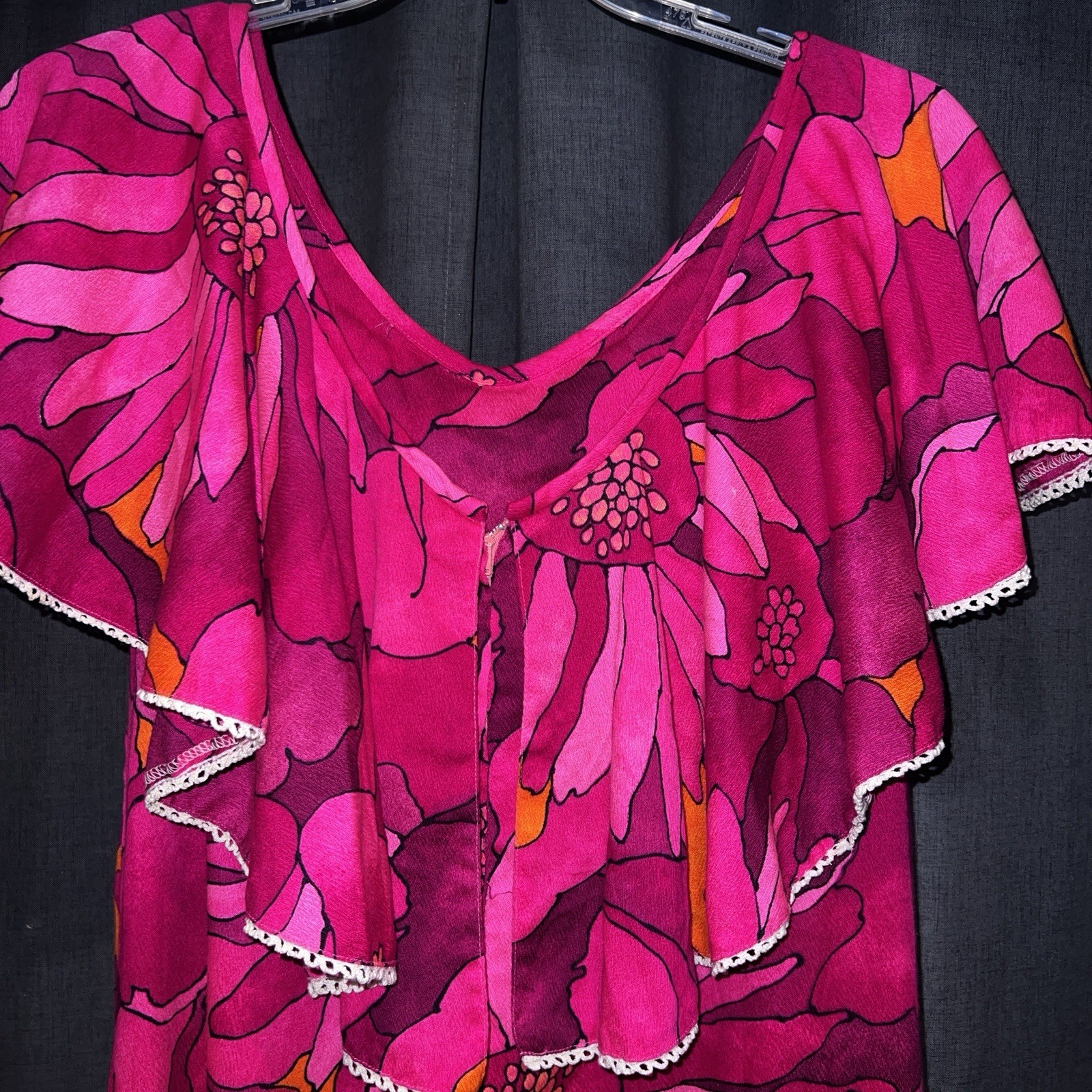 Vintage Hilo Hattie Fashions Hawaii Dress Size 16 MCM, Maxi Length Ruffle Neck