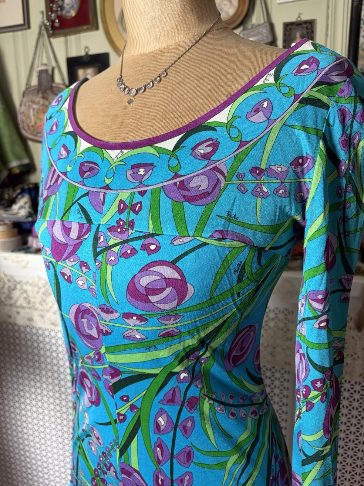 Vintage 1960s Emilio Pucci Silk Knit Printed Dress, Floral Abstract