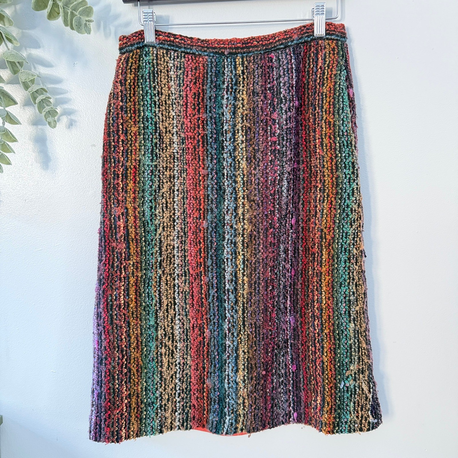 Vtg Skirt Midi Maximalism Rainbow Striped Knit Boho Textured Eclectic Boucle 12