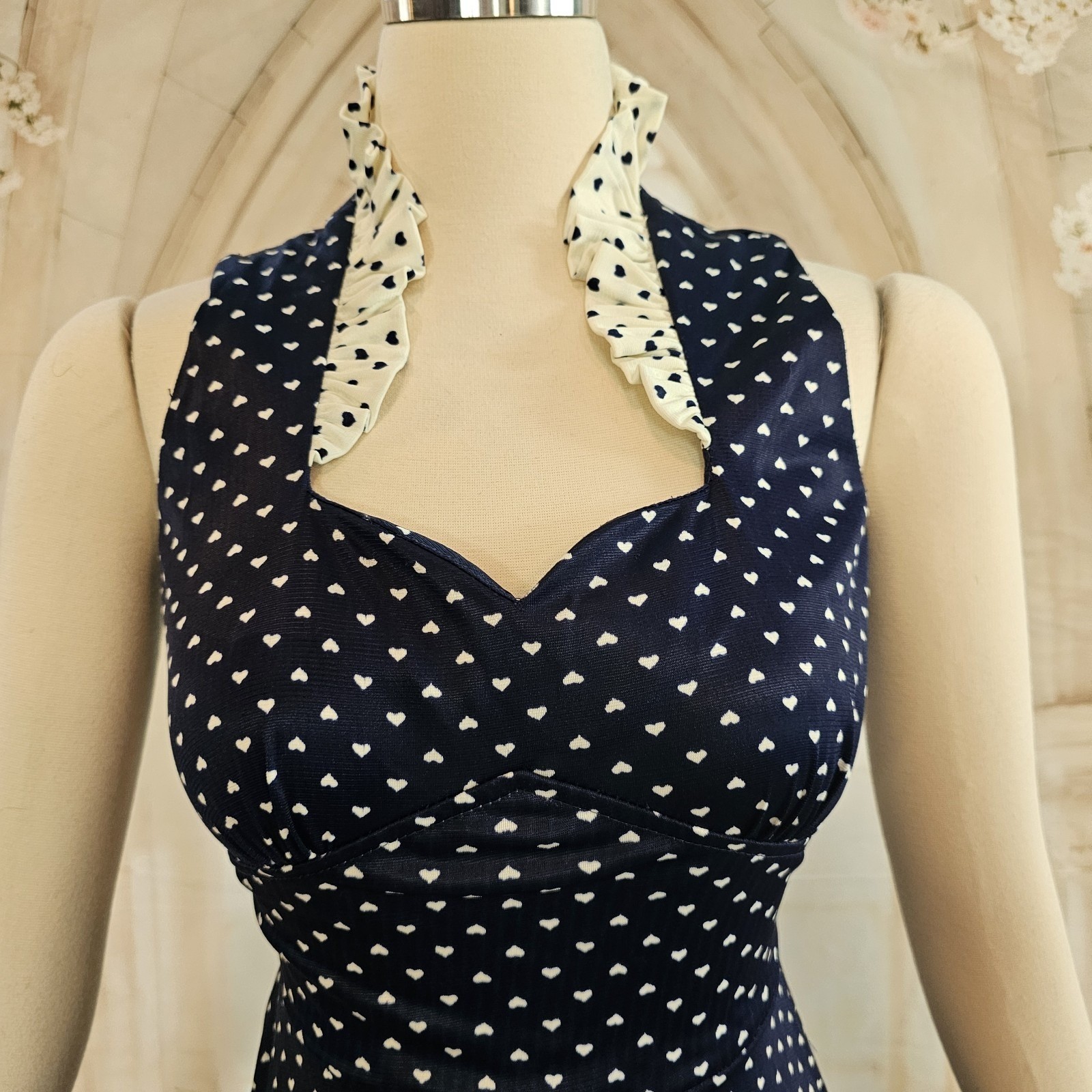 Vintage 1970s Dress Navy Blue White Hearts Ruffle Sweetheart Neckline Maxi