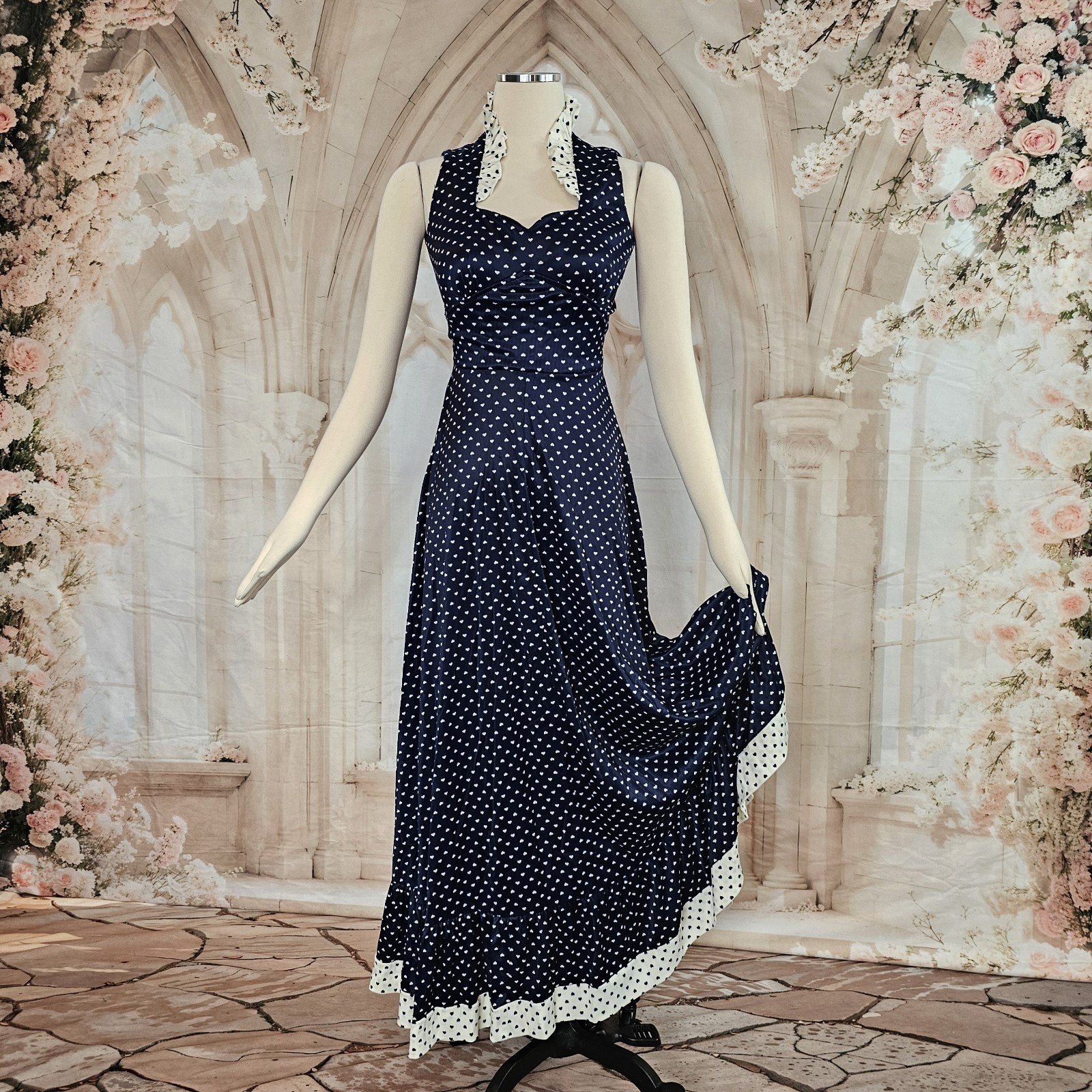 Vintage 1970s Dress Navy Blue White Hearts Ruffle Sweetheart Neckline Maxi